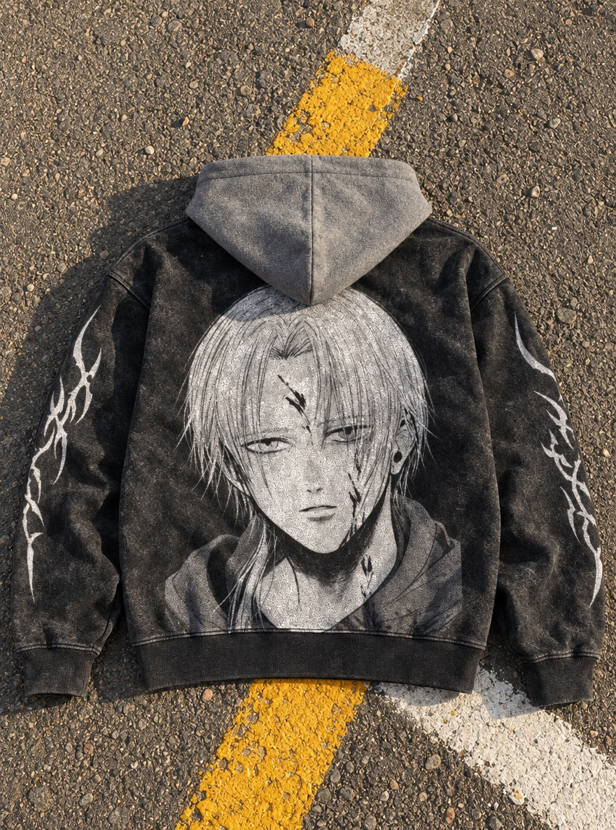 Scarred Shroud – Black & Grey Hoodie – flat-lay | Mushoku Tensei