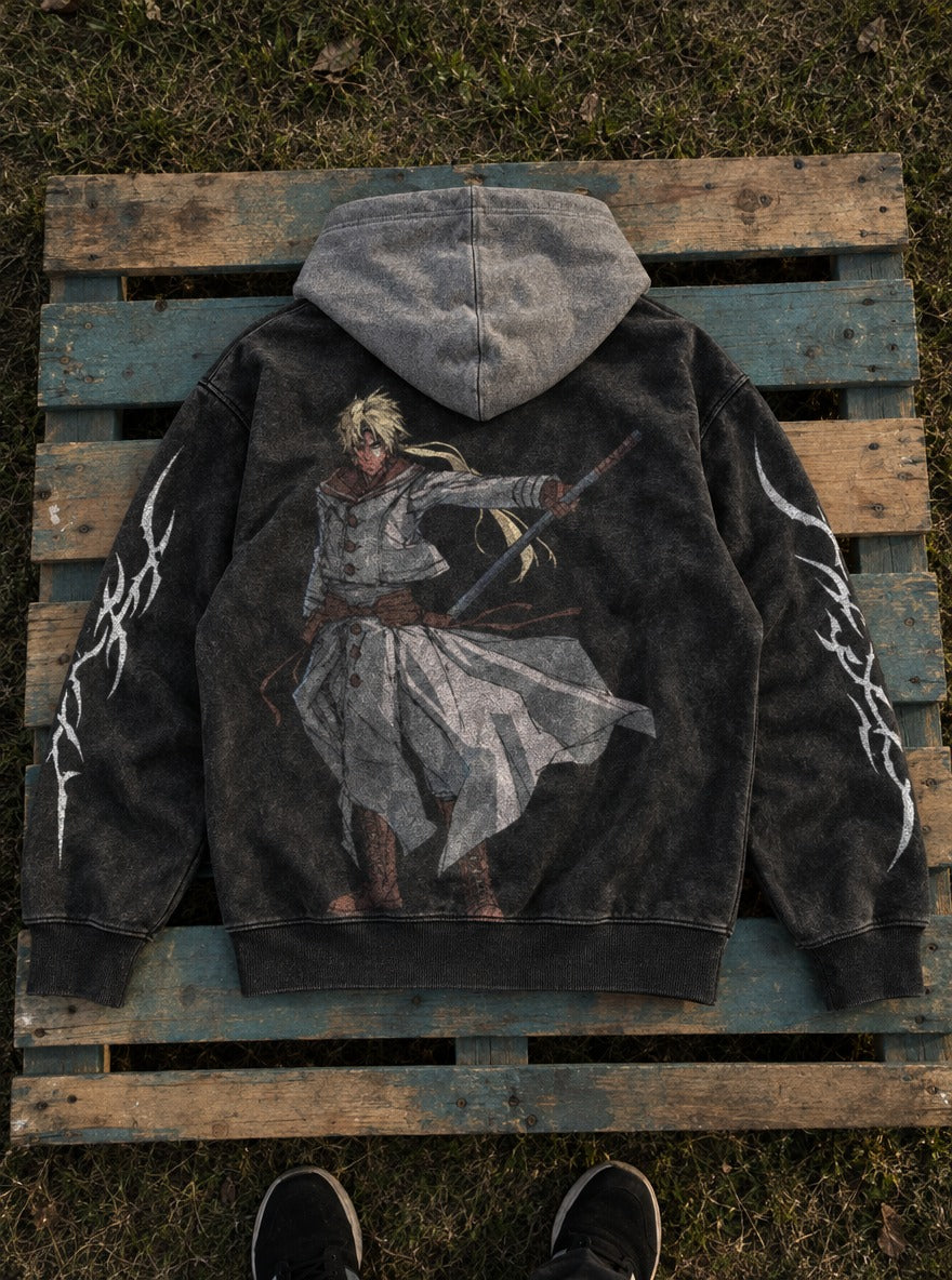 Wandering Sage – Black & Grey Hoodie – flat-lay | Mushoku Tensei