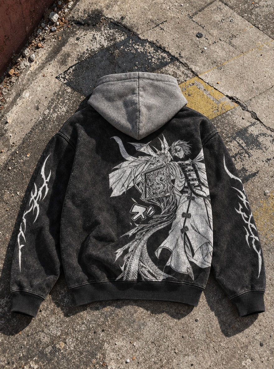 Winged Tome – Black & Grey Hoodie – flat-lay | Mushoku Tensei