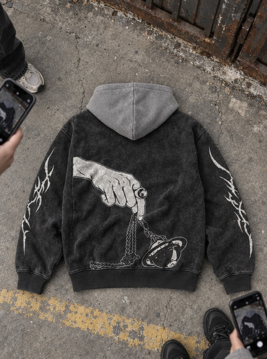 Beaded Bell – Black & Grey Hoodie – flat-lay | Nana