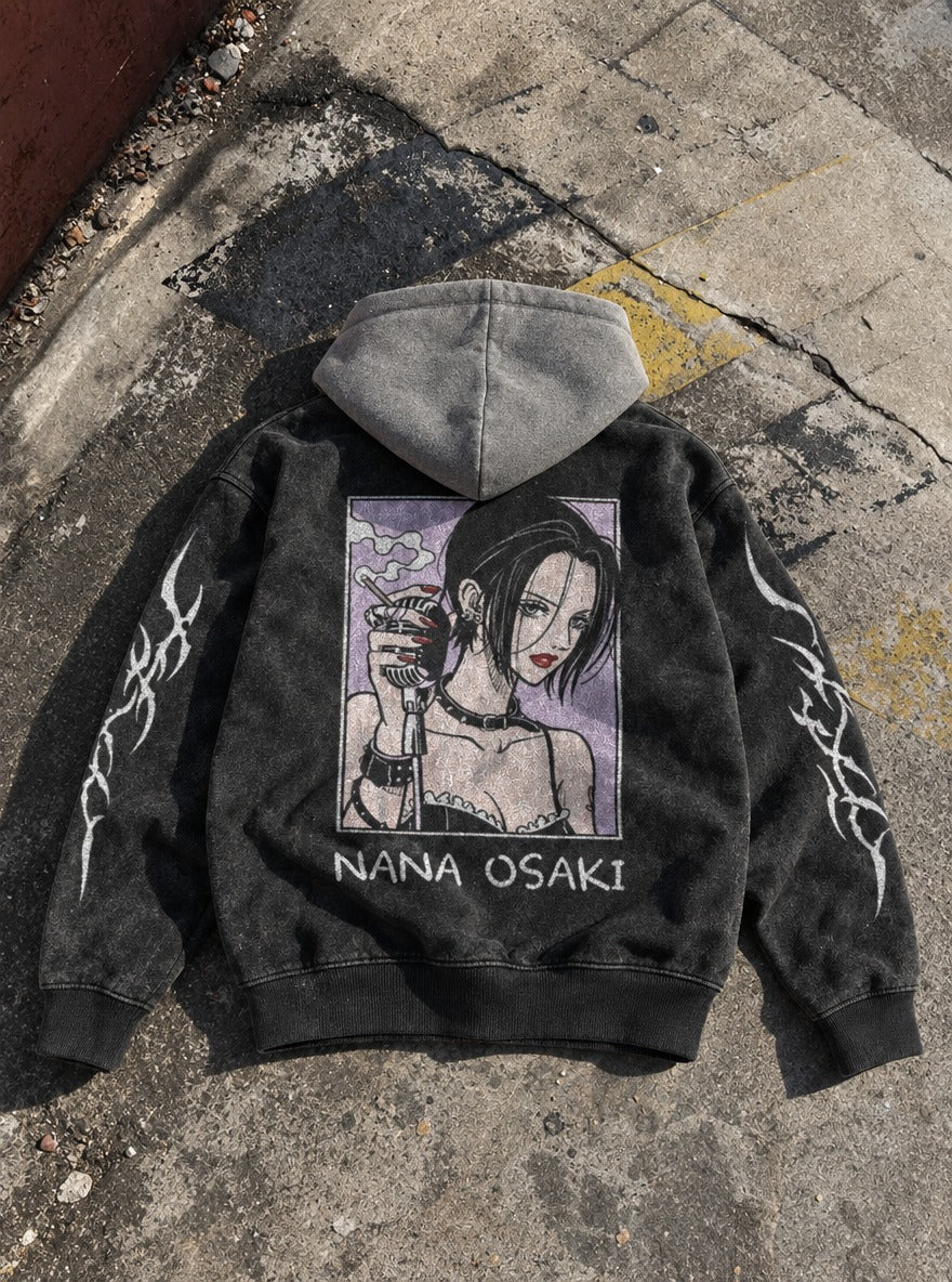 Gothic Mic – Black & Grey Hoodie – flat-lay | Nana