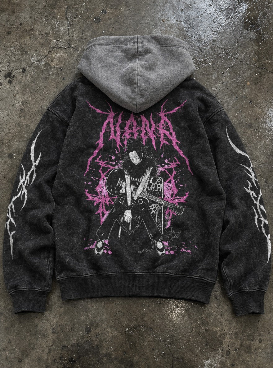 Guitar Splatter – Black & Grey Hoodie – flat-lay | Nana
