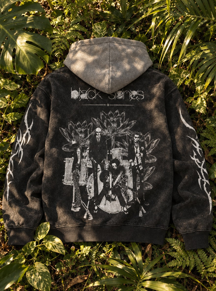 Lotus Band – Black & Grey Hoodie – flat-lay | Nana