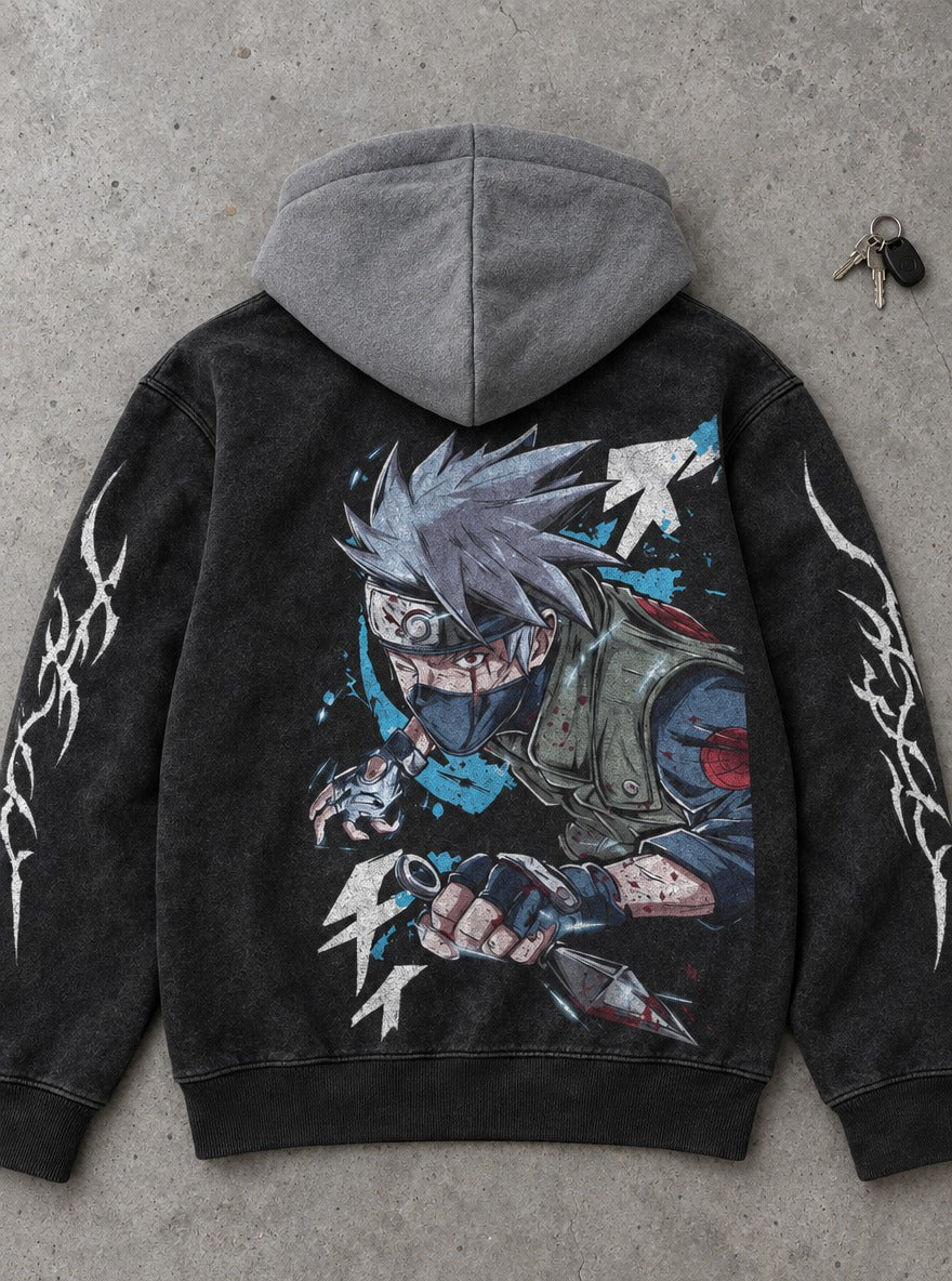 Kakashi Strike – Black & Grey Hoodie – flat-lay | Naruto