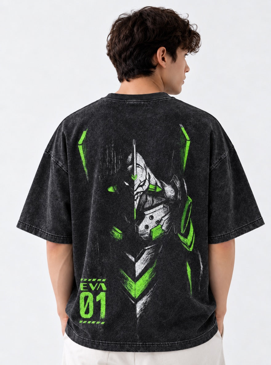 Unit-01 Half Mask – T-Shirt – model shot | Neon Genesis Evangelion