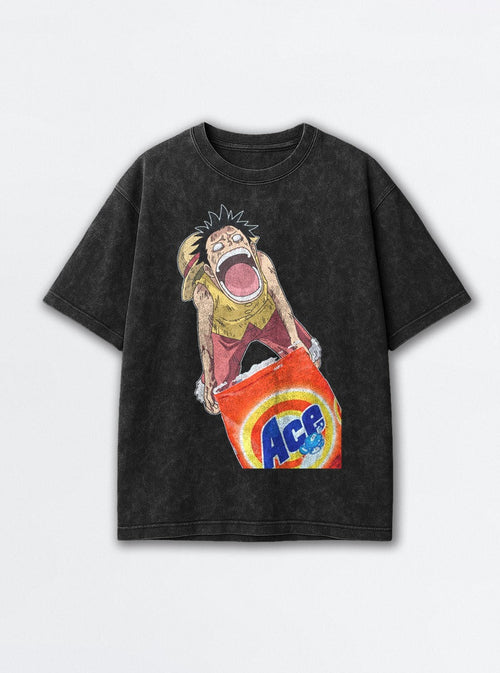 Ace Detergent Luffy – Black Acid Wash Tee – mockup | One Piece
