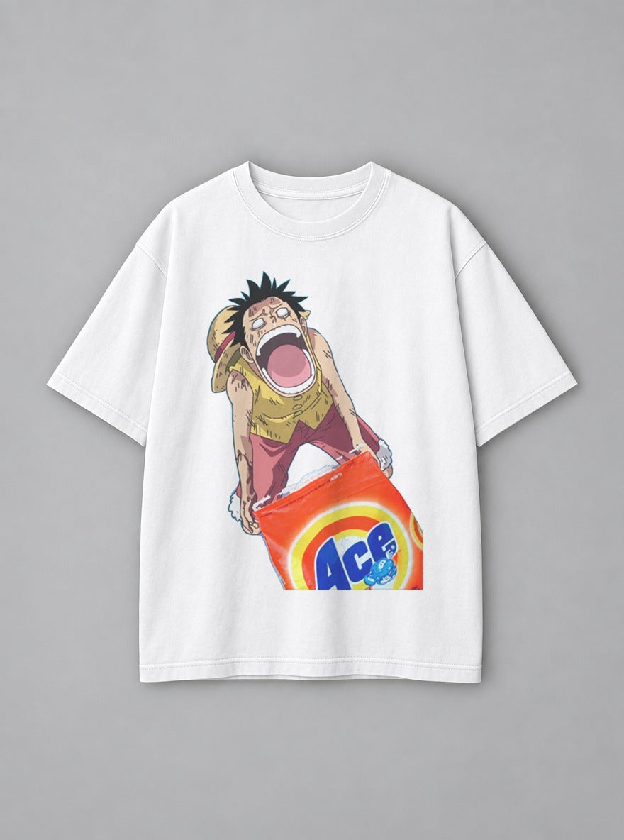 Ace Detergent Luffy – White Tee – mockup | One Piece