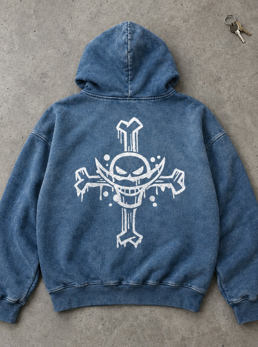 Blue Faded Hoodie – Whitebeard Jolly Roger – flat-lay | One Piece