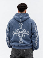 Blue Faded Hoodie – Whitebeard Jolly Roger – model shot | One Piece
