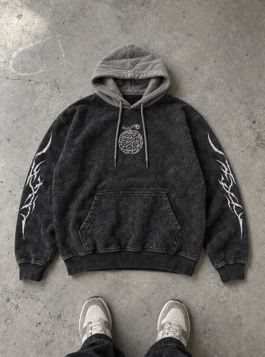 Devil Fruit – Black & Grey Hoodie – flat-lay | One Piece