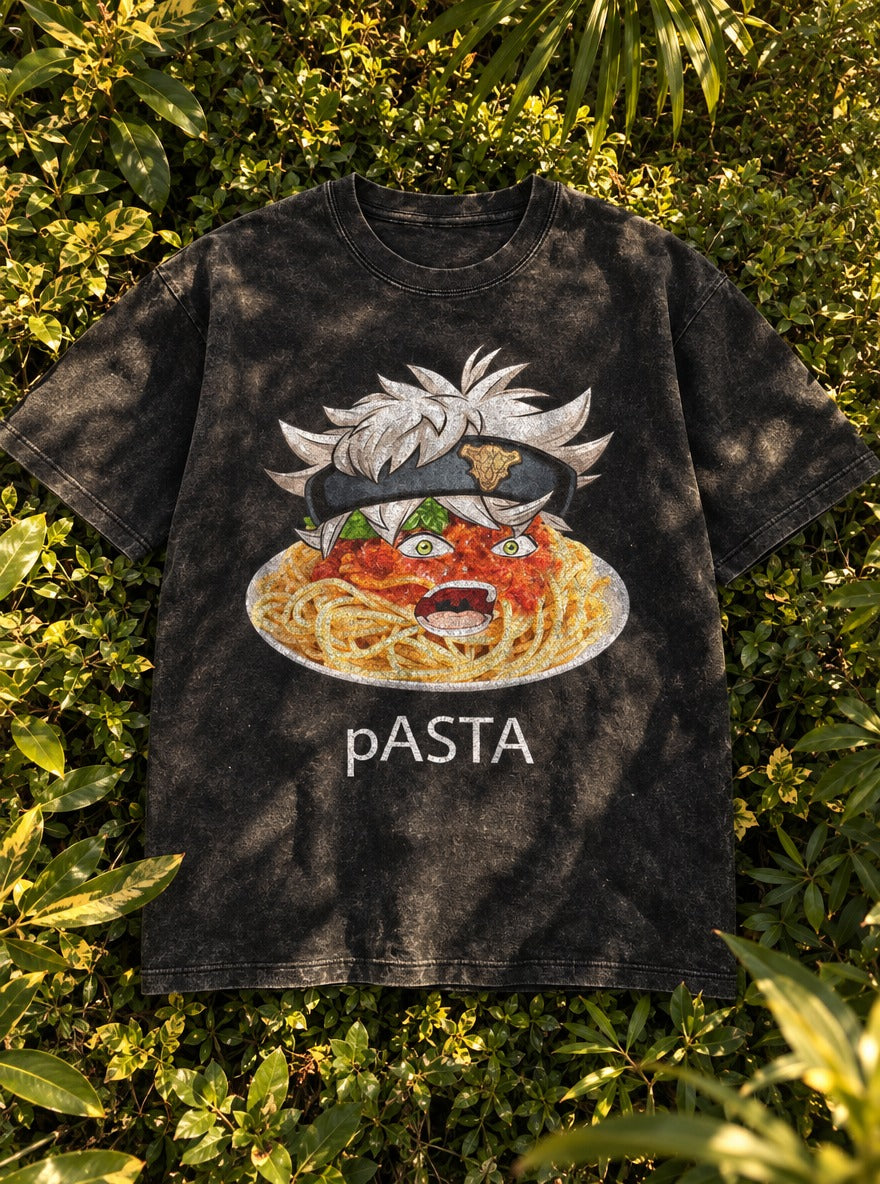 Pasta – Black Acid Wash Tee – flat-lay | Meme Tees