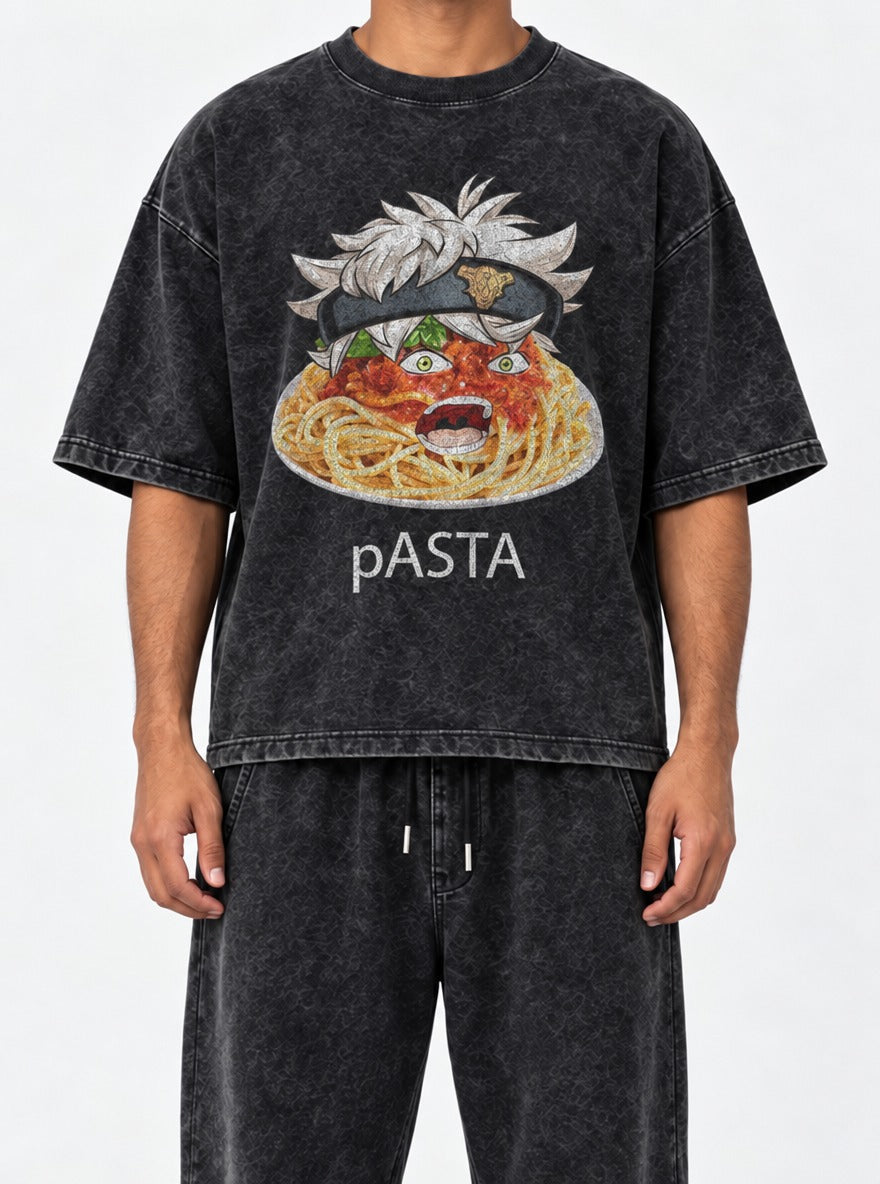 Pasta – Black Acid Wash Tee – model shot | Meme Tees