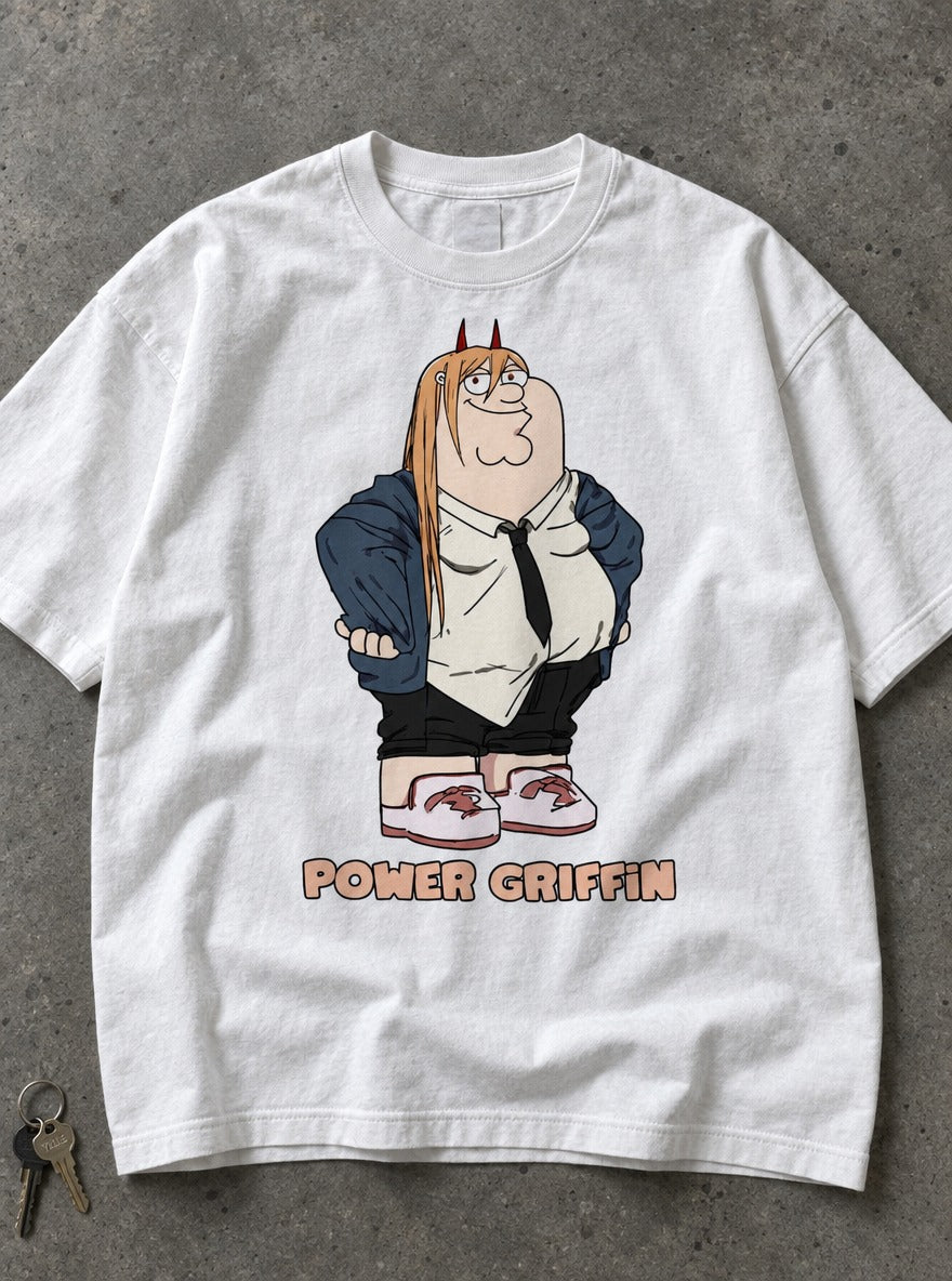 Power Griffin – White Tee – flat-lay | Meme Tees
