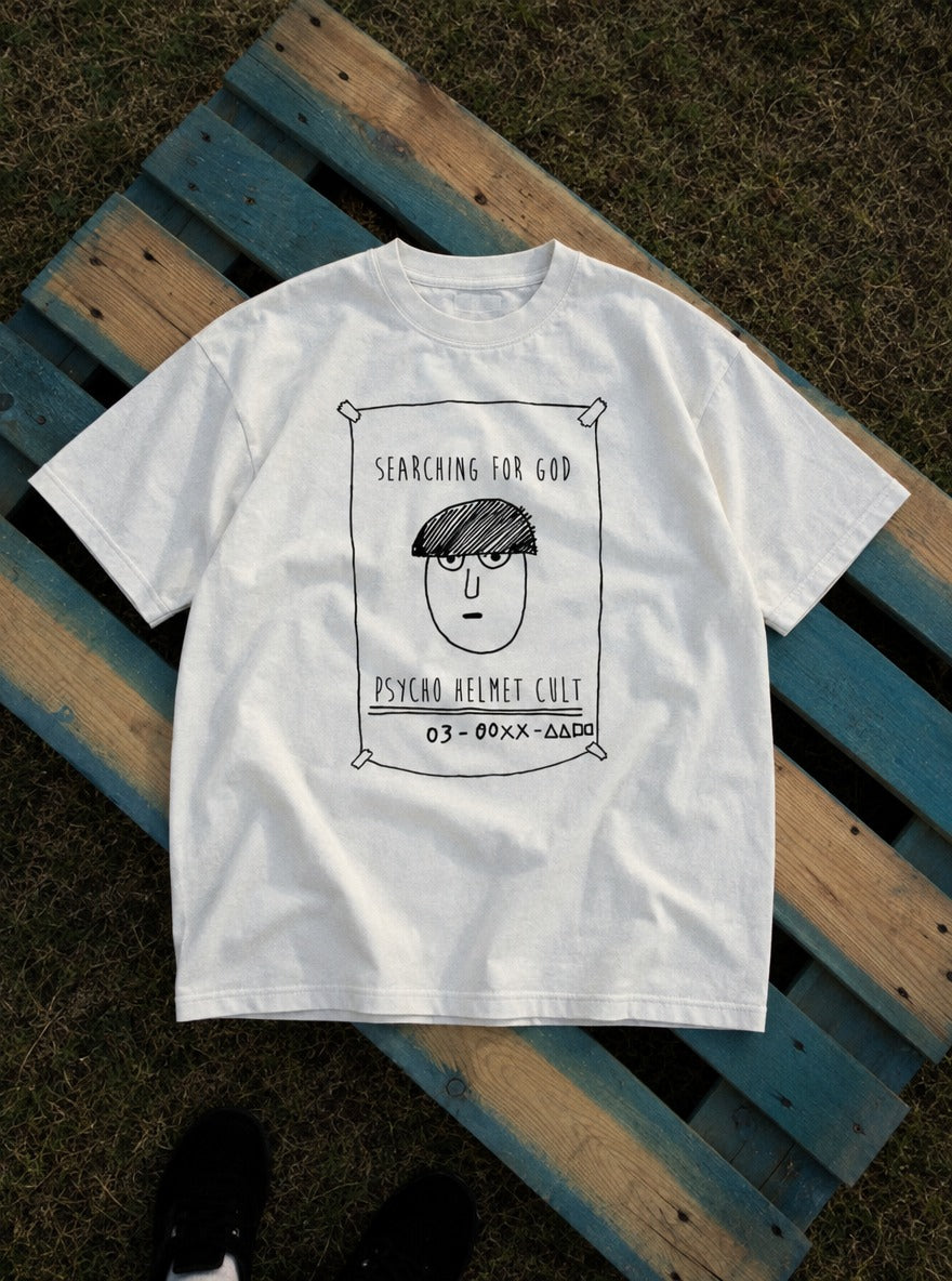 Psycho Helmet Cult – White Tee – flat-lay | Meme Tees