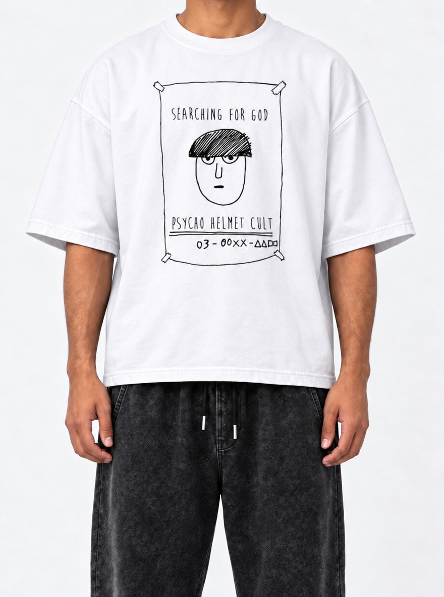 Psycho Helmet Cult – White Tee – model shot | Meme Tees