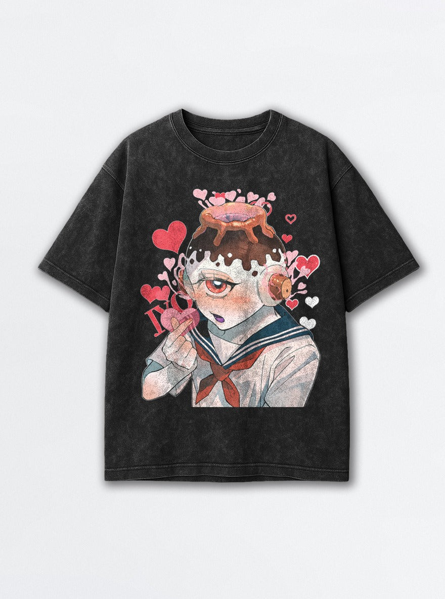 Pudding Head Crush – Black Acid Wash Tee – mockup | Anime