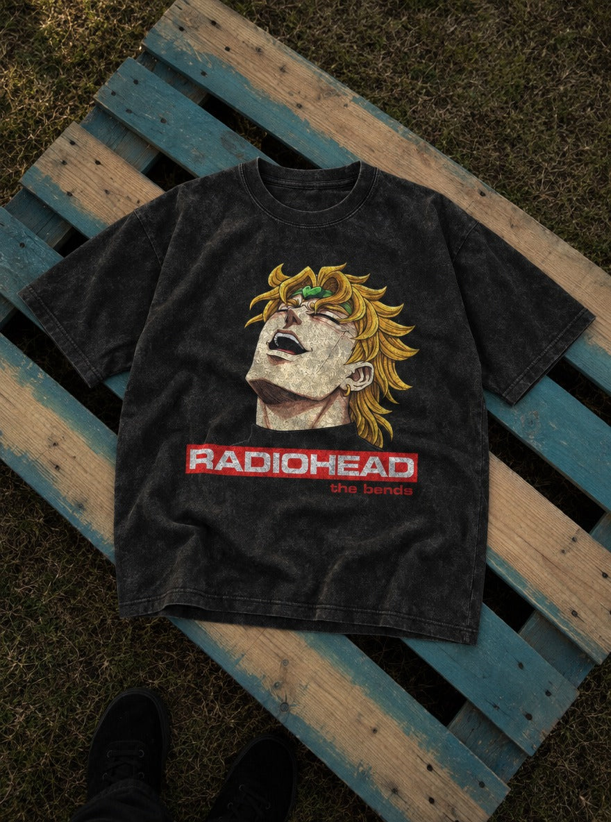 Radiohead – Black Acid Wash Tee – flat-lay | Meme Tees