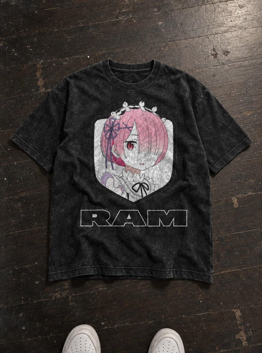 Ram – Black Acid Wash Tee – flat-lay | Meme Tees