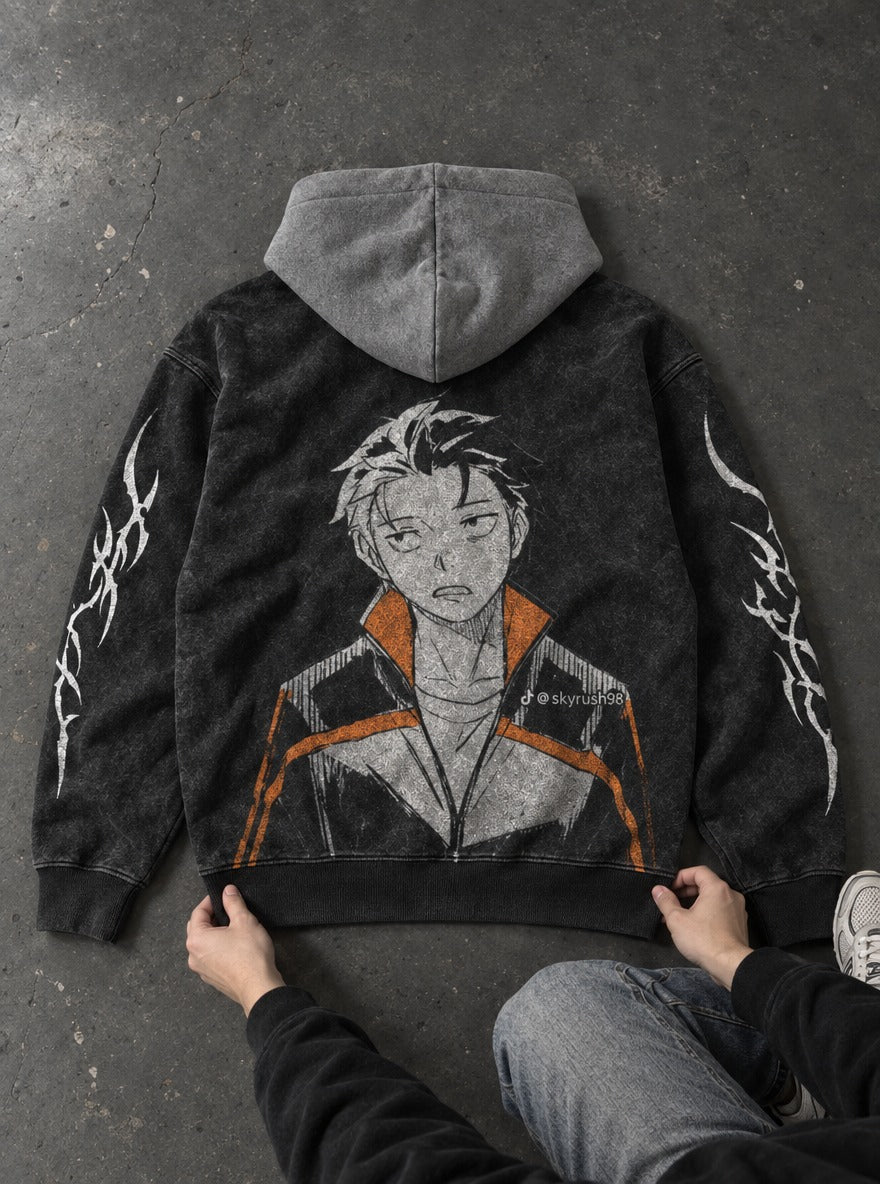Orange Stripe – Black & Grey Hoodie – flat-lay | Re Zero