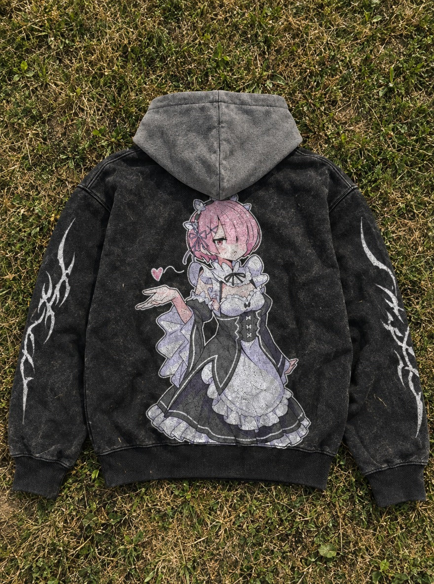 Pout Maid – Black & Grey Hoodie – flat-lay | Re Zero