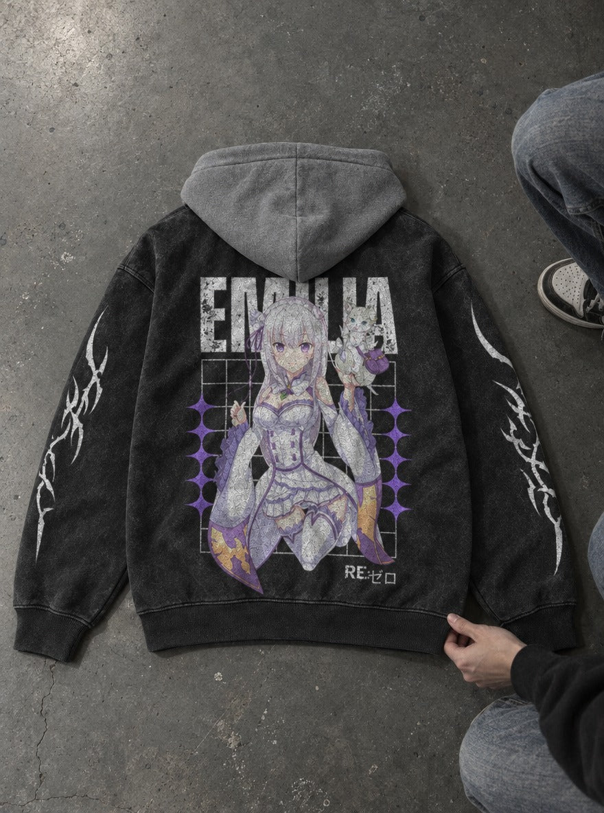 Puck Embrace – Black & Grey Hoodie – flat-lay | Re Zero