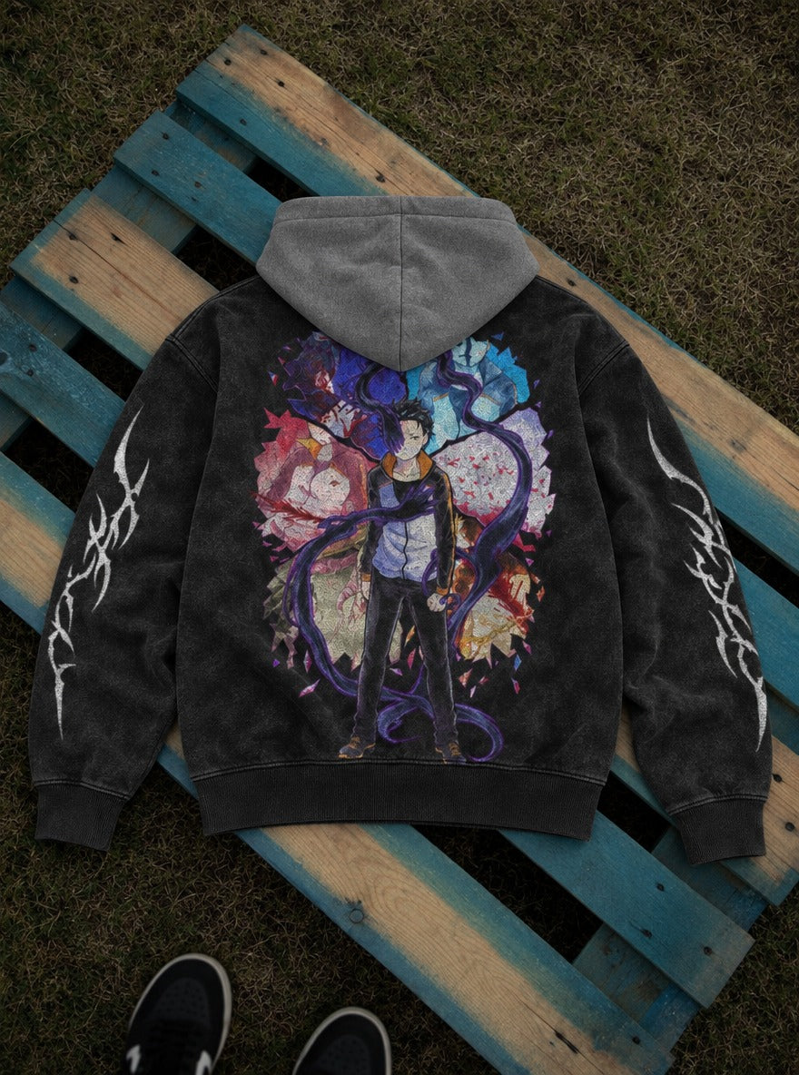 Shattered Tendrils – Black & Grey Hoodie – flat-lay | Re Zero