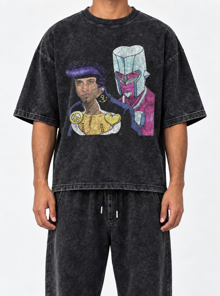 Ricardo Higashikata – Black Acid Wash Tee – model shot | Meme Tees