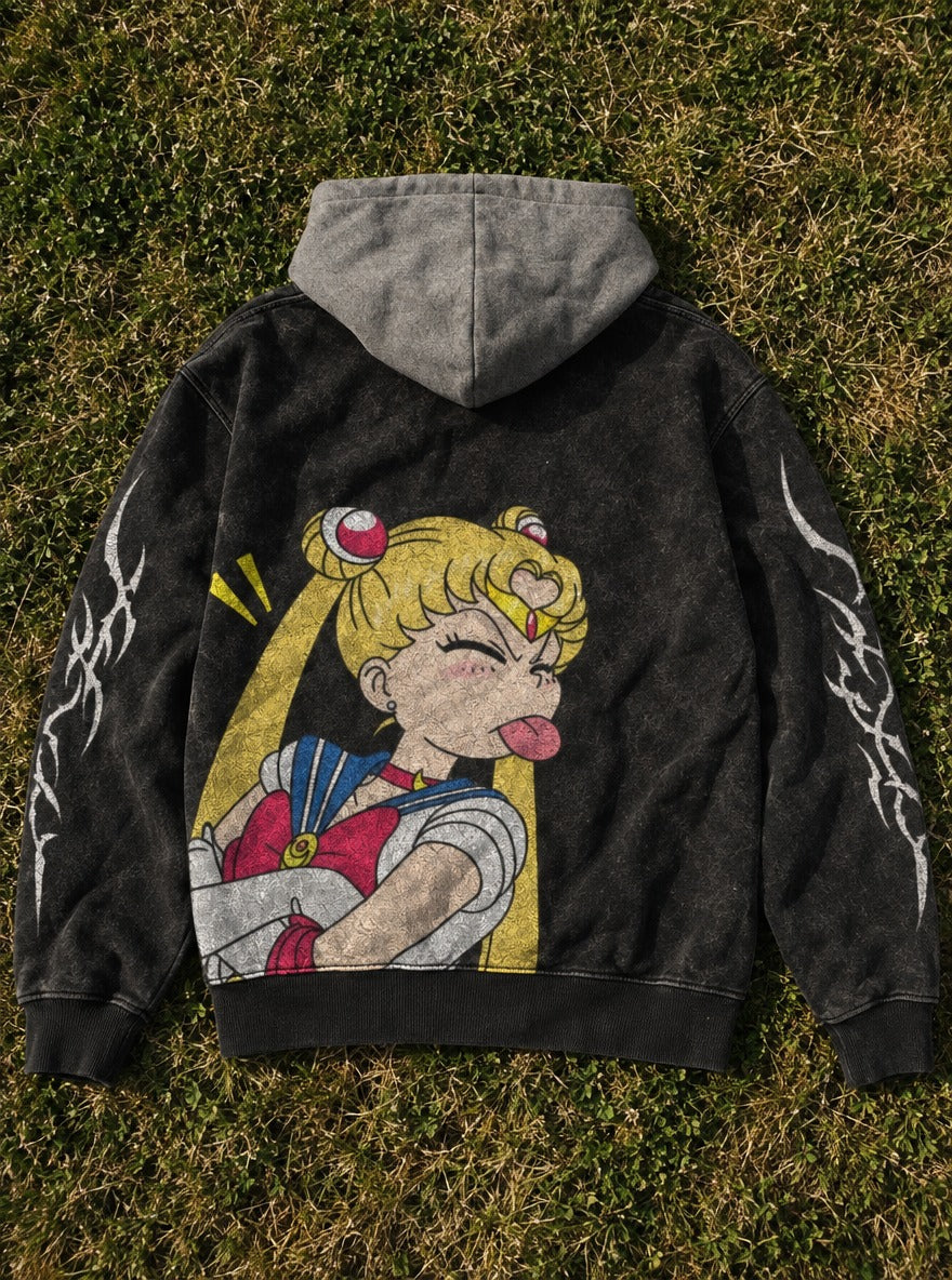 Cheeky Pose – Black & Grey Hoodie – flat-lay | Sailor Moon