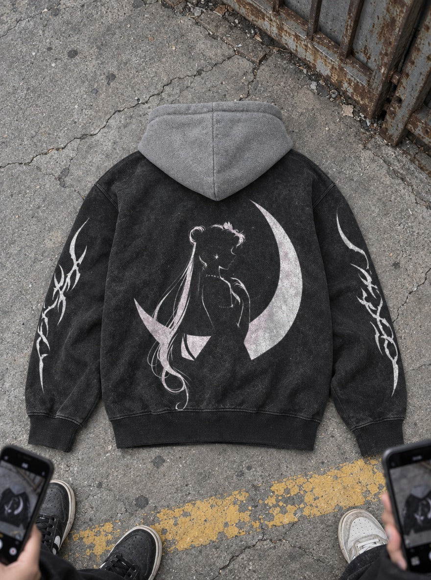 Crescent Silhouette – Black & Grey Hoodie – flat-lay | Sailor Moon