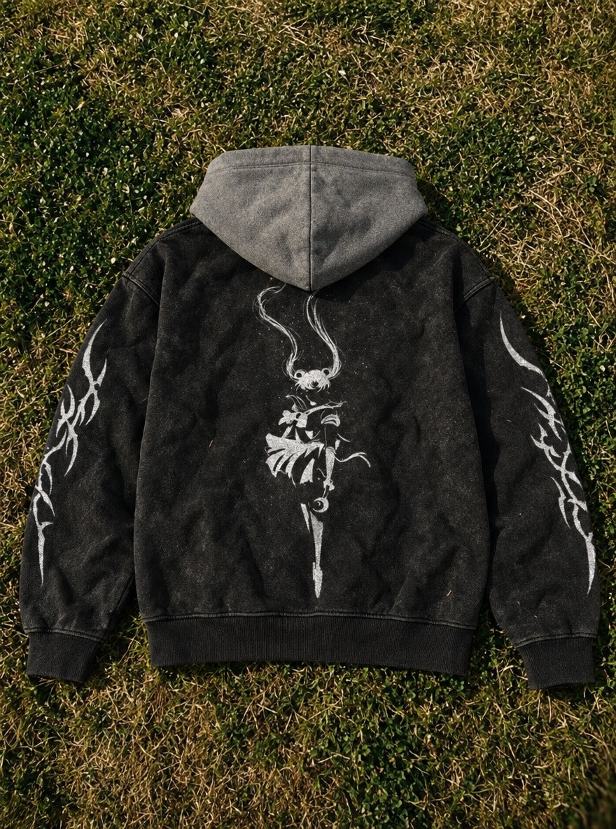 Crescent Wand – Black & Grey Hoodie – flat-lay | Sailor Moon