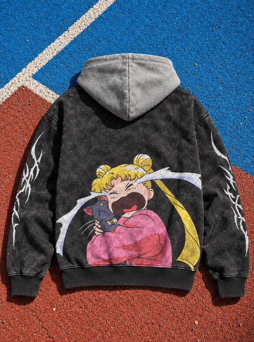 Crying Comfort – Black & Grey Hoodie – flat-lay | Sailor Moon