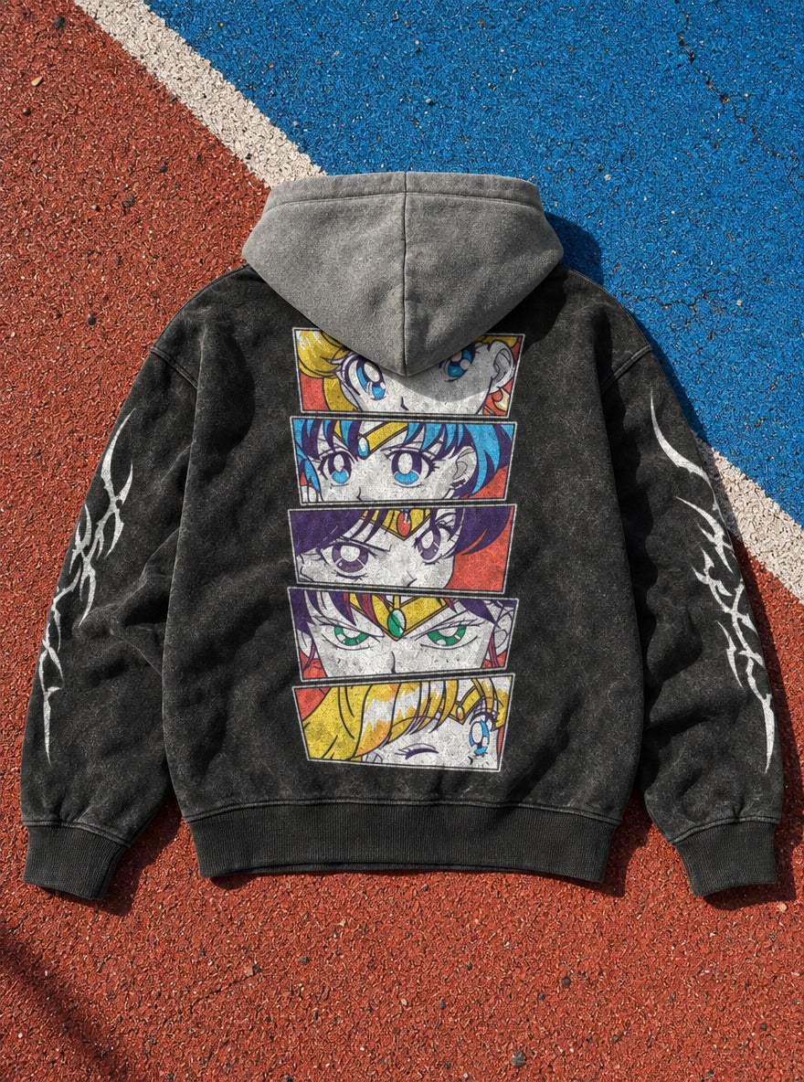 Five Gazes – Black & Grey Hoodie – flat-lay | Sailor Moon