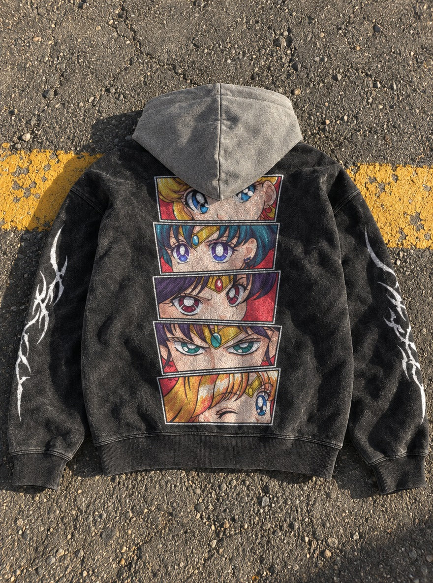 Gilded Panels – Black & Grey Hoodie – flat-lay | Sailor Moon