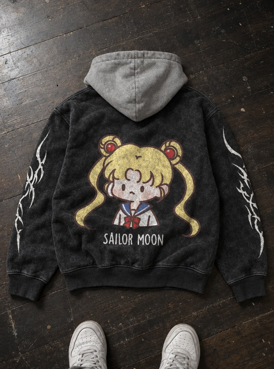 Mini Guardian – Black & Grey Hoodie – flat-lay | Sailor Moon