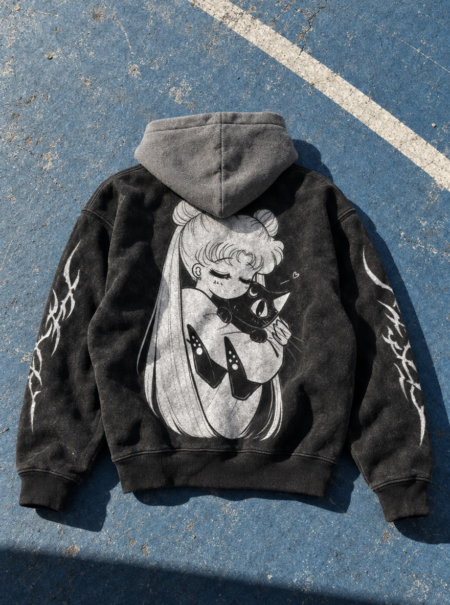 Tender Embrace – Black & Grey Hoodie – flat-lay | Sailor Moon