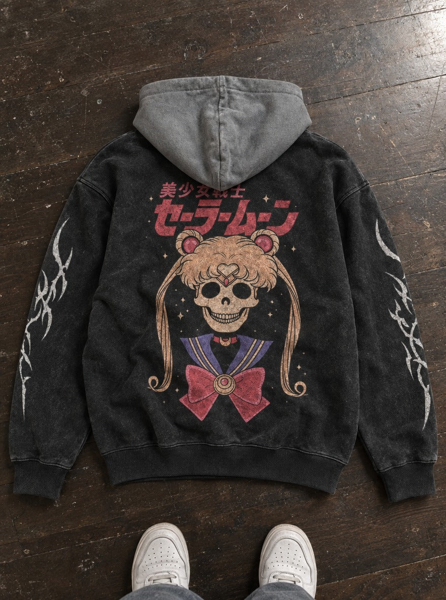 Twintail Skull – Black & Grey Hoodie – flat-lay | Sailor Moon