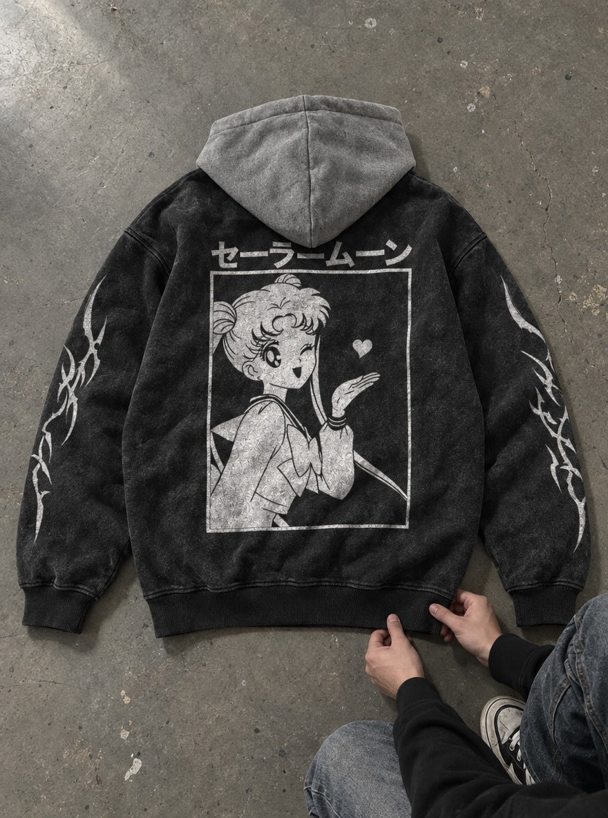 Winking Heart – Black & Grey Hoodie – flat-lay | Sailor Moon