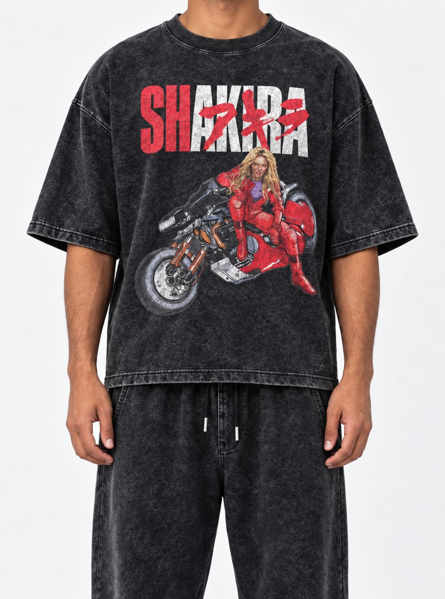 Shakira – Black Acid Wash Tee – model shot | Meme Tees