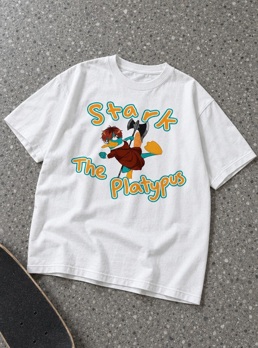 Stark the Platypus – White Tee – flat-lay | Meme Tees