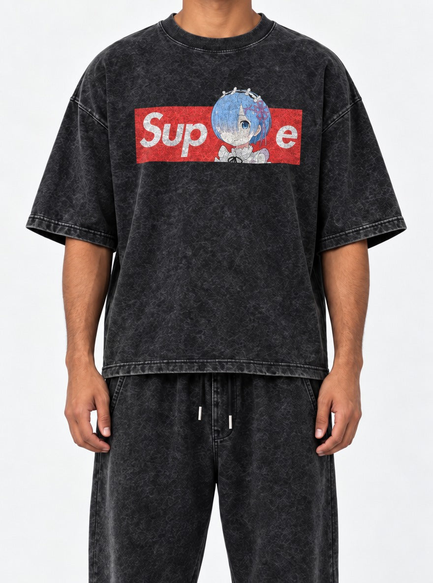 Supreme – Black Acid Wash Tee – model shot | Meme Tees