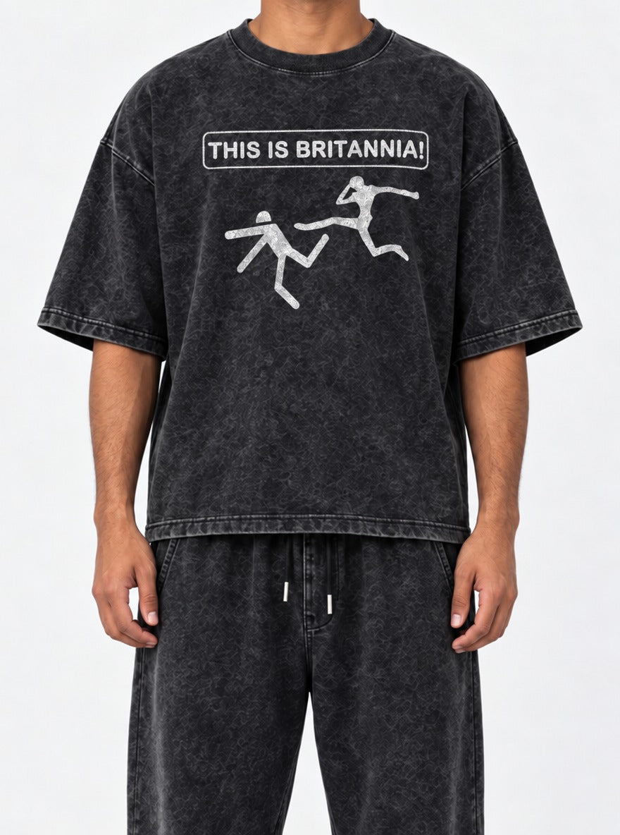 This Is Britannia – Black Acid Wash Tee – model shot | Meme Tees