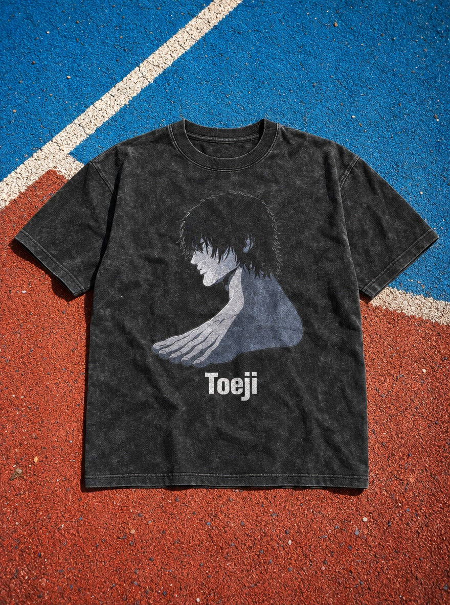 Toeji – Black Acid Wash Tee – flat-lay | Meme Tees