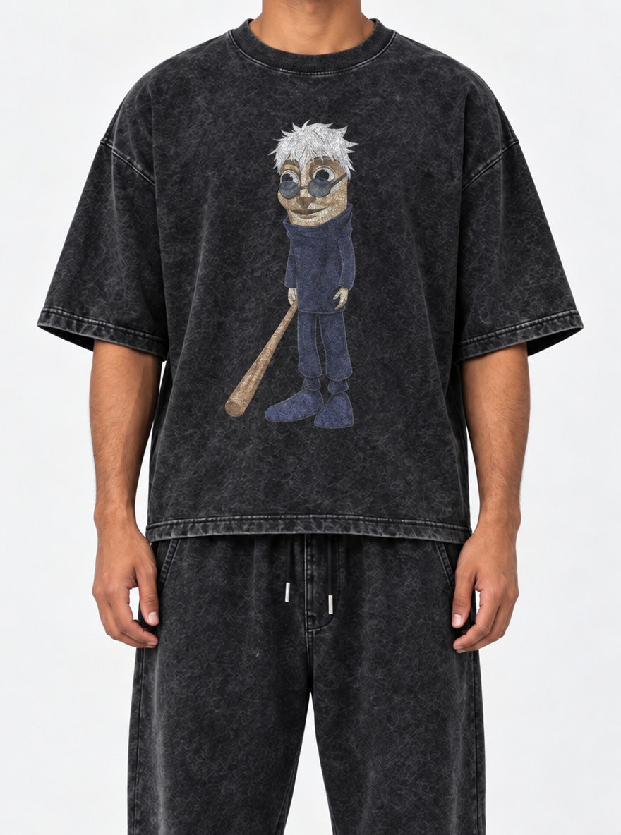 TTT Satoru – Black Acid Wash Tee – model shot | Meme Tees