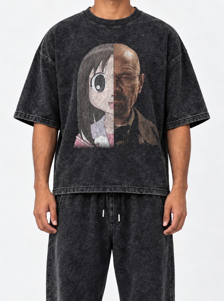 Walter Osaka White – Black Acid Wash Tee – model shot | Meme Tees