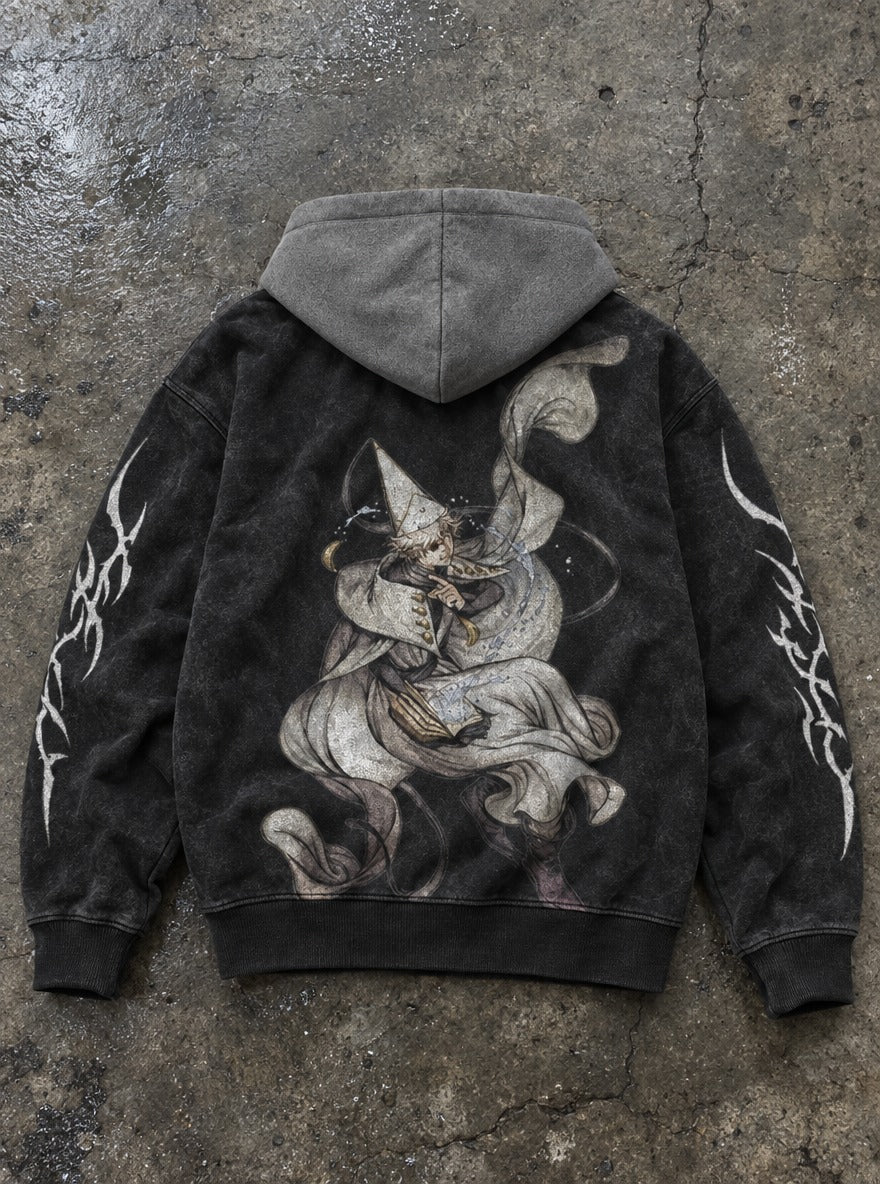Floating Torrent – Black & Grey Hoodie – flat-lay | Witch Hat Atelier