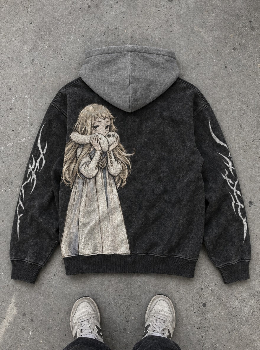 Fluffy Hug – Black & Grey Hoodie – flat-lay | Witch Hat Atelier