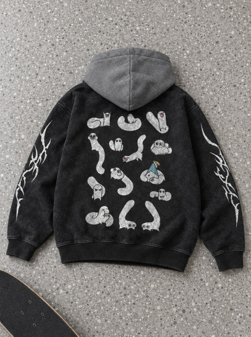 Ghostly Parade – Black & Grey Hoodie – flat-lay | Witch Hat Atelier
