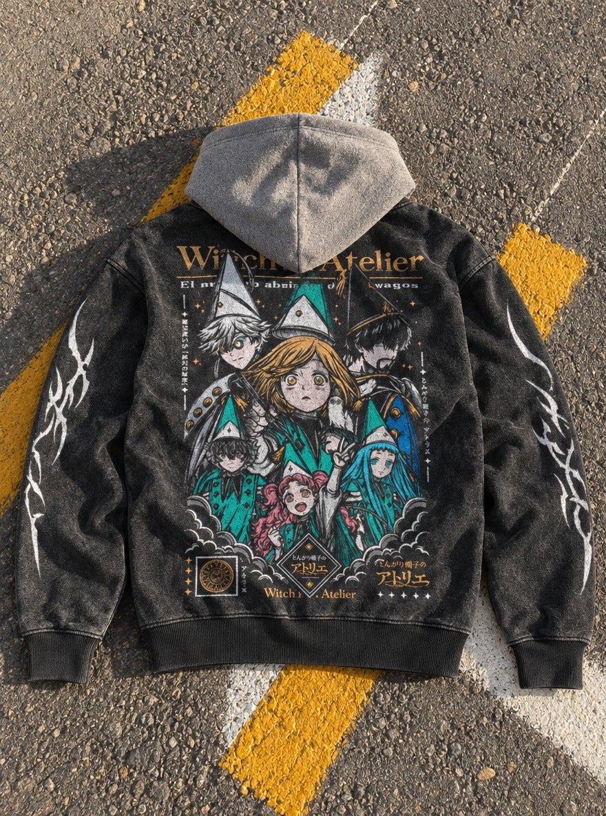 Owlbound Circle – Black & Grey Hoodie – flat-lay | Witch Hat Atelier