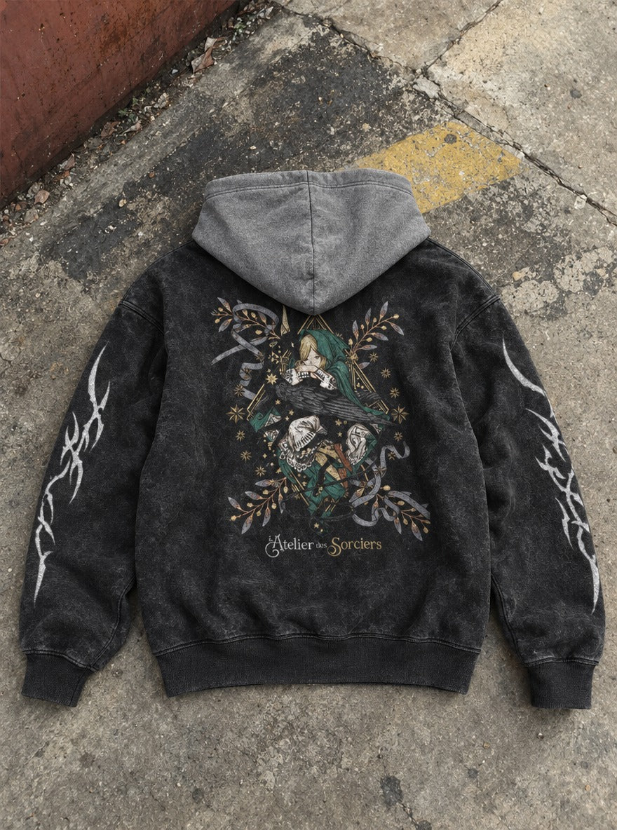 Raven Rest – Black & Grey Hoodie – flat-lay | Witch Hat Atelier