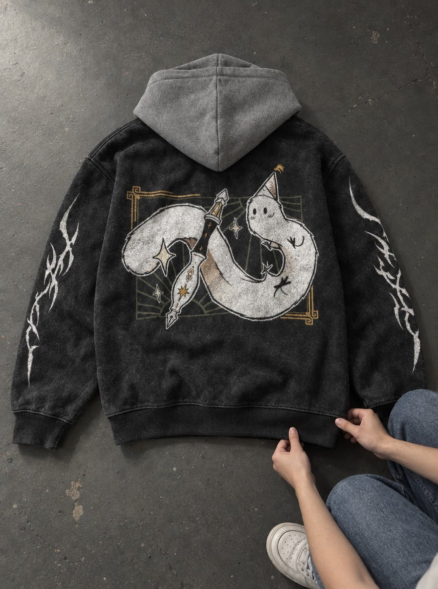 Serpent Quill – Black & Grey Hoodie – flat-lay | Witch Hat Atelier